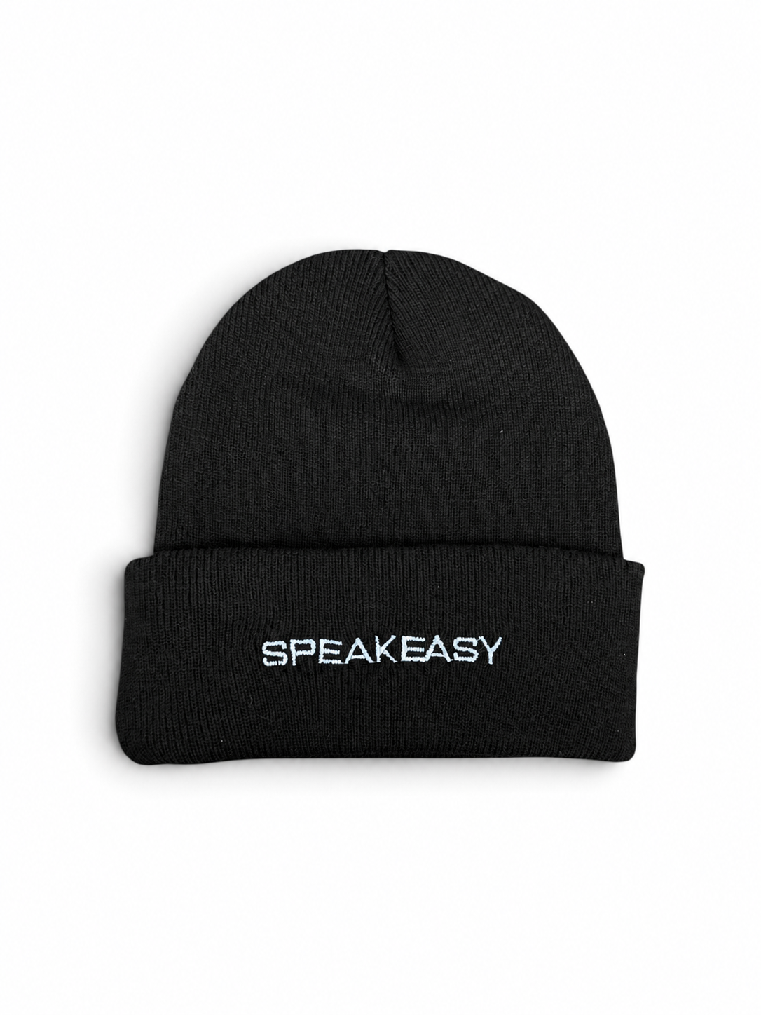 Black cuffed knit beanie with SPEAKEASY embroidered in white on the cuff